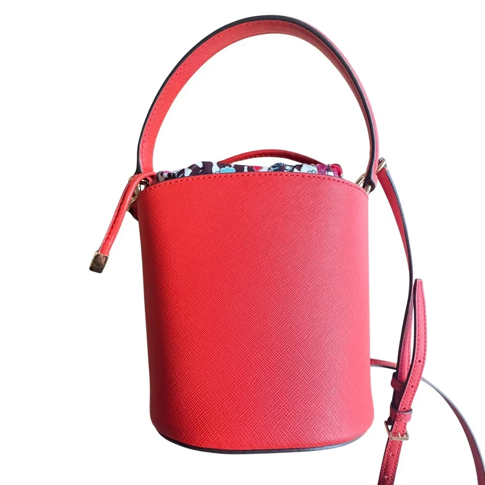 $328 TORY‎ BURCH Emerson Mini Bucket Bag Coral Leather Floral Insert Crossbody